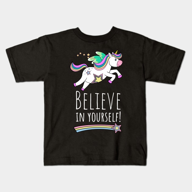 Unicorn In Flight With Inspirational Message Kids T-Shirt by brodyquixote